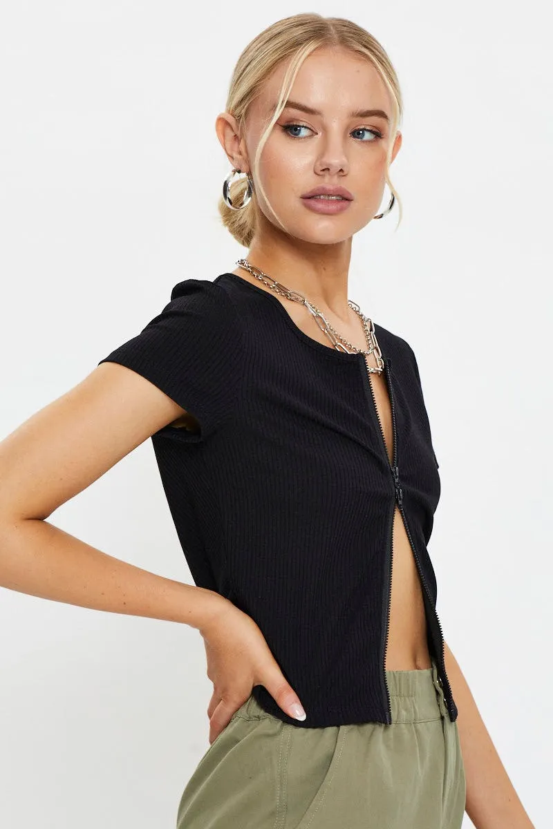 PreShrunk Cotton Black Short Sleeve Rib Jersey Zip Front Top
