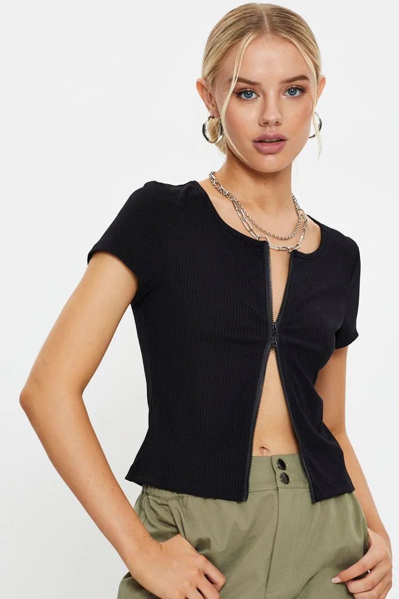 Black Short Sleeve Rib Jersey Zip Front Top Warm Layers Unique Cut
