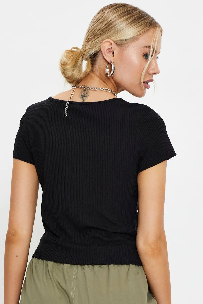 Black Short Sleeve Rib Jersey Zip Front Top Party Ready CompressiveFitFabric