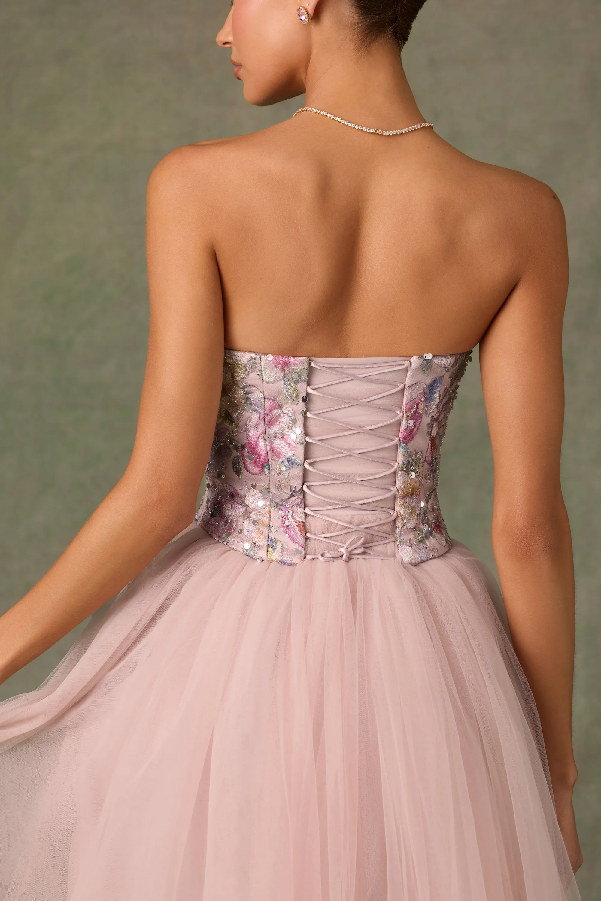 Embellished Lace-Up Cupless Corset in Floral Pink Screen Core