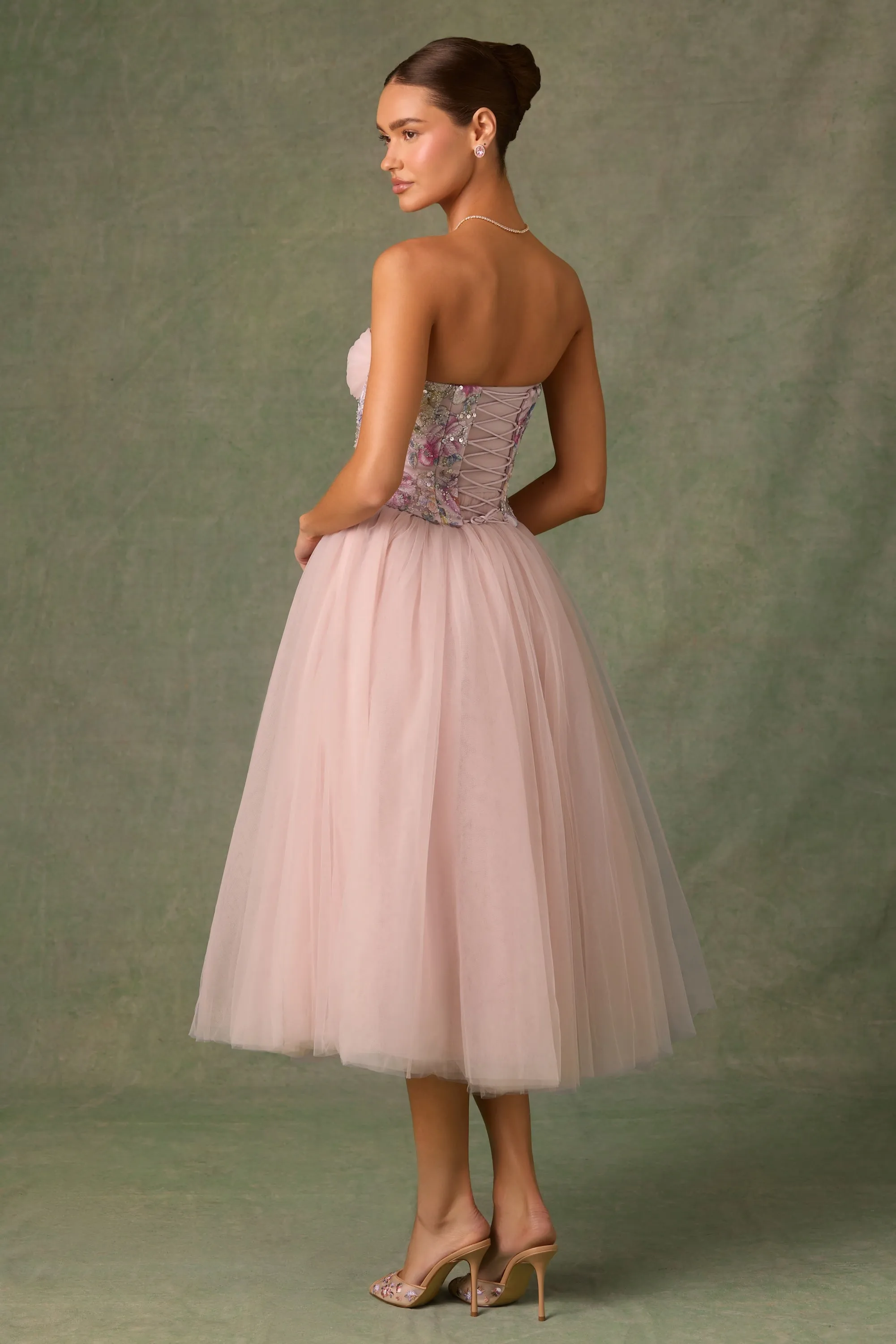 Embellished Lace-Up Cupless Corset in Floral Pink Cool Vest
