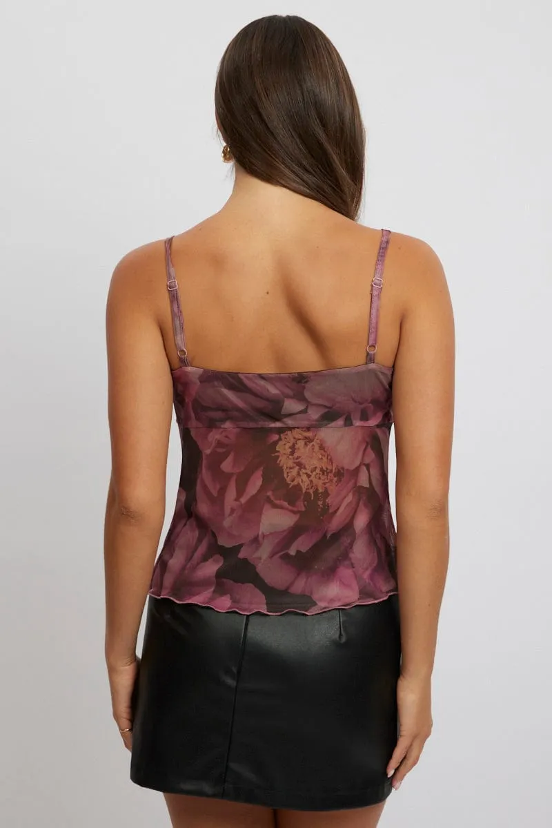 Pink Floral Singlet Top Tie Up Front TaglessNeckline Casual Style