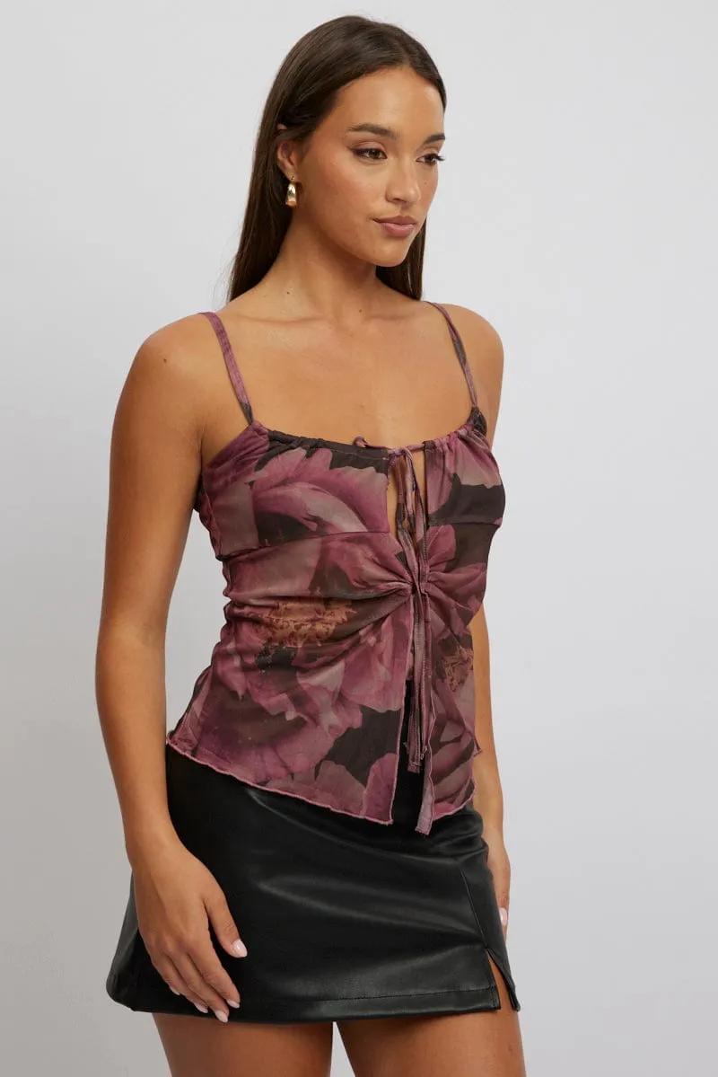 Picnic Fun Pink Floral Singlet Top Tie Up Front