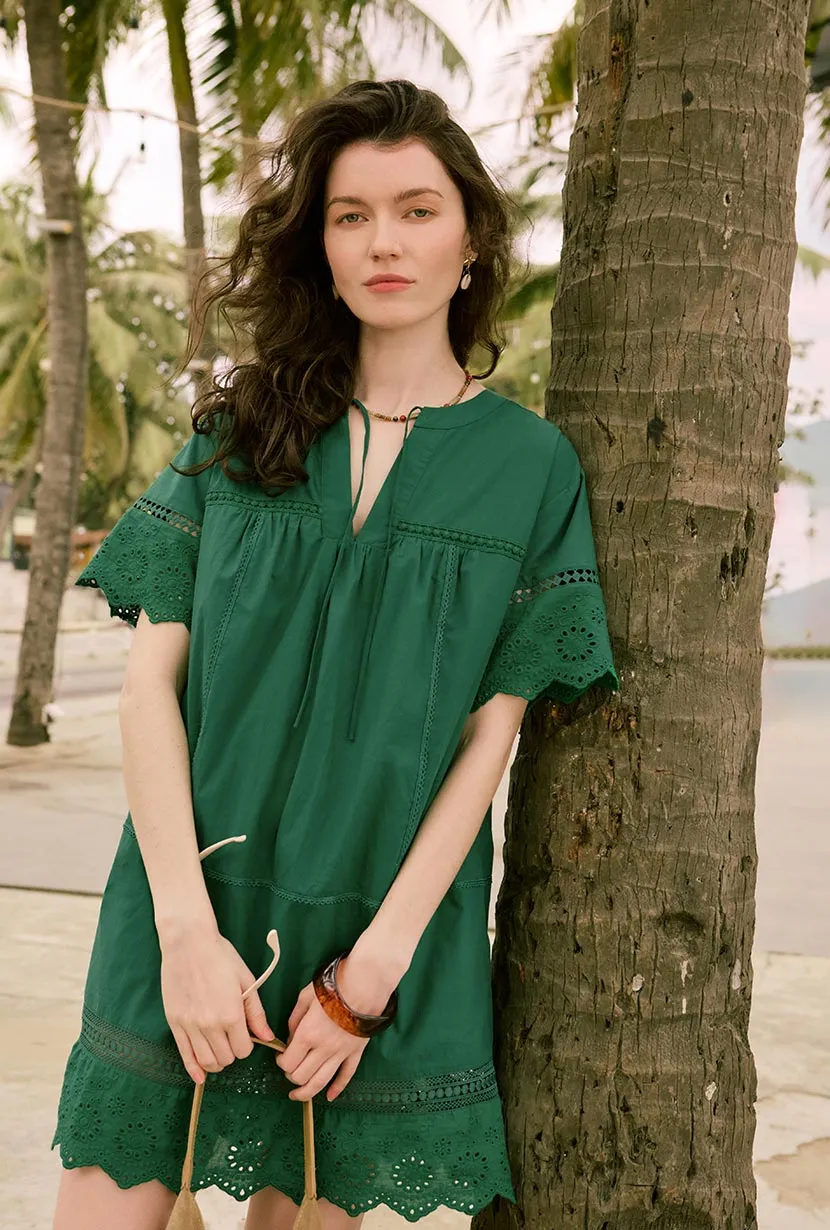 Gwen Cotton Eyelet Dress - Emerald Green AntiStatic Material OdorResistant Coating