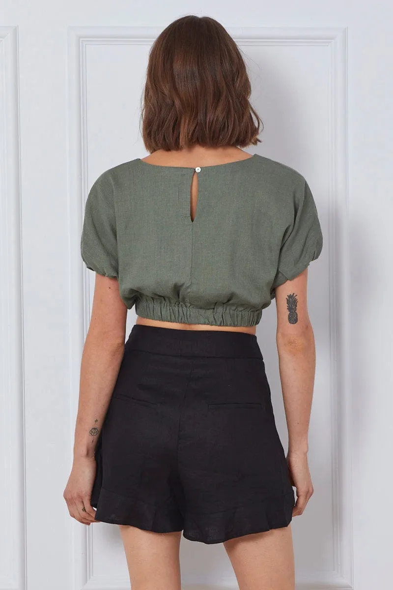 Black High Rise Shorts Linen Fast Absorption Textile