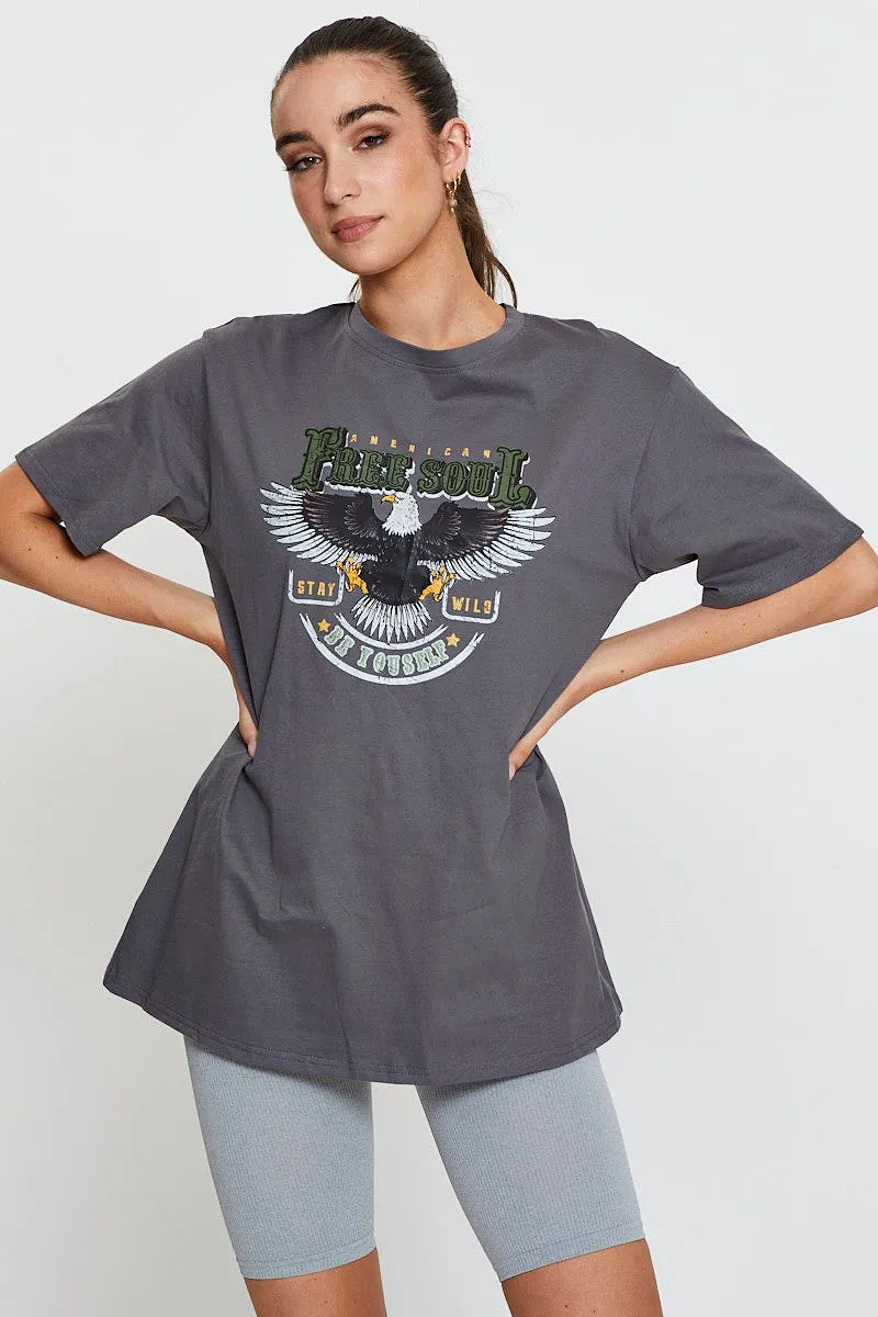 Grey Graphic T-Shirt Short Sleeve Micro Perforation Chic
