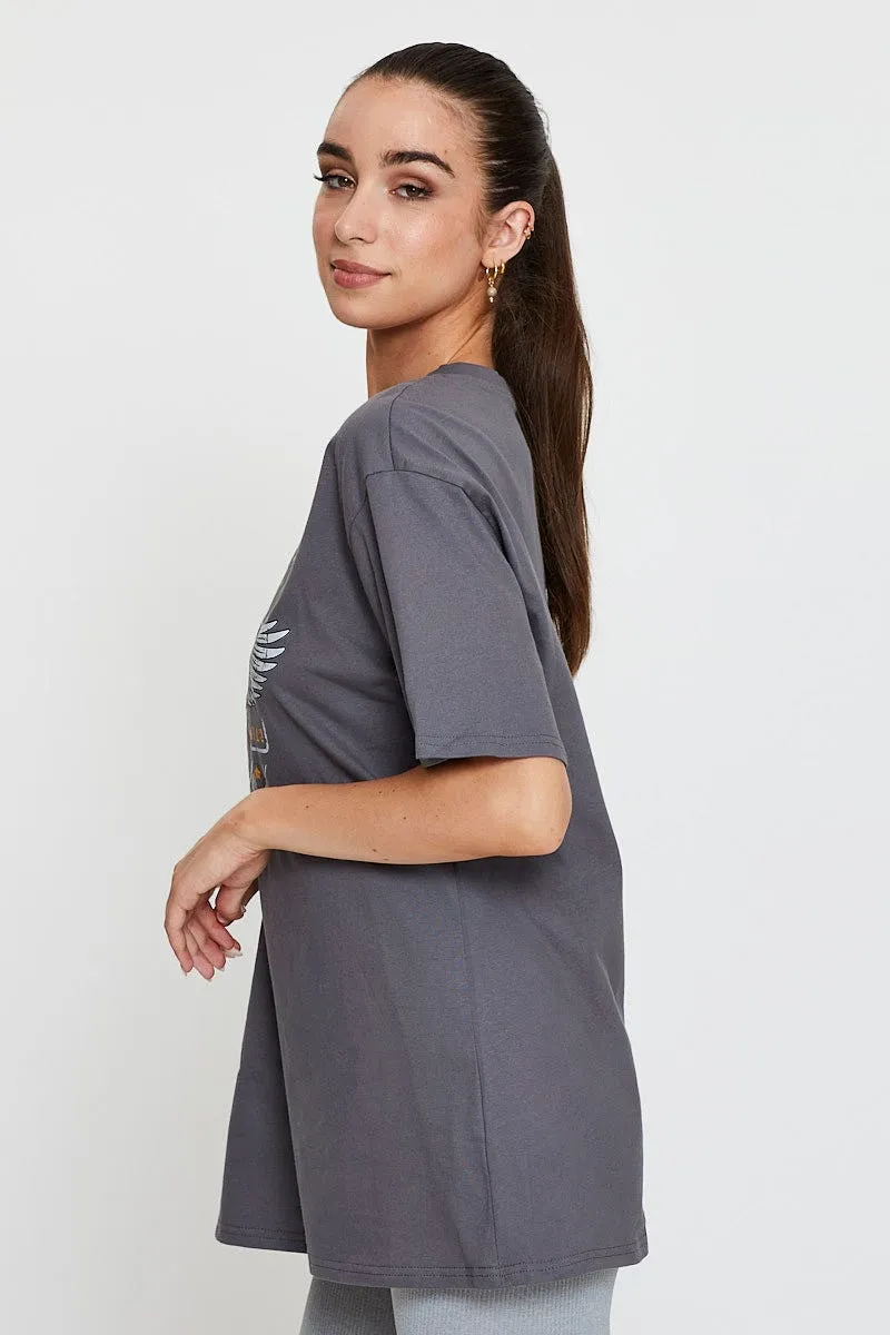 Lightweight Design Adaptable Grey Graphic T-Shirt Short Sleeve