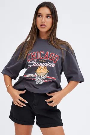 Grey T Shirt Short Sleeve Crew Neck Chicago Cotton Essential Top