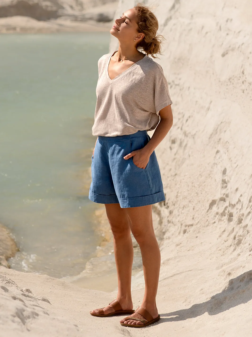 Fashion Glow Floral Chic Paros Linen Shorts Aegean Blue Breathable fabric