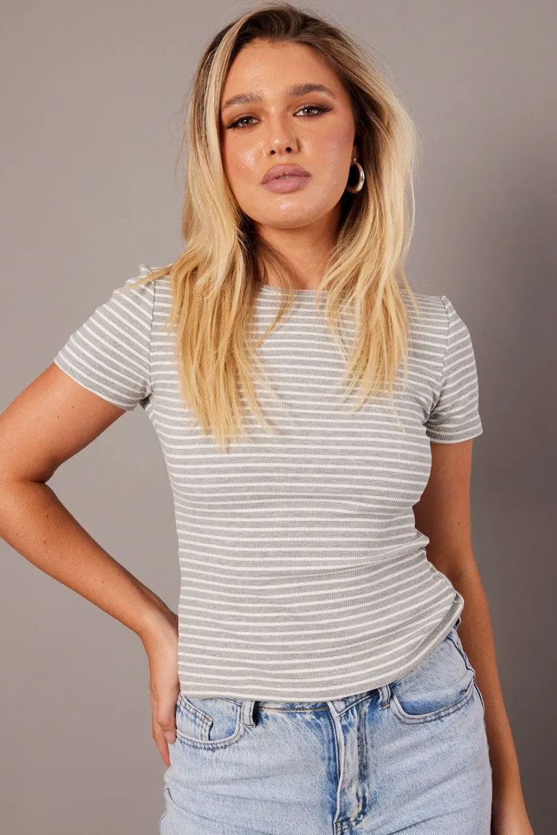 Grey Stripe Longline T Shirt Short Sleeve Crew Neck Rib Jersey Comfortable Hoodie