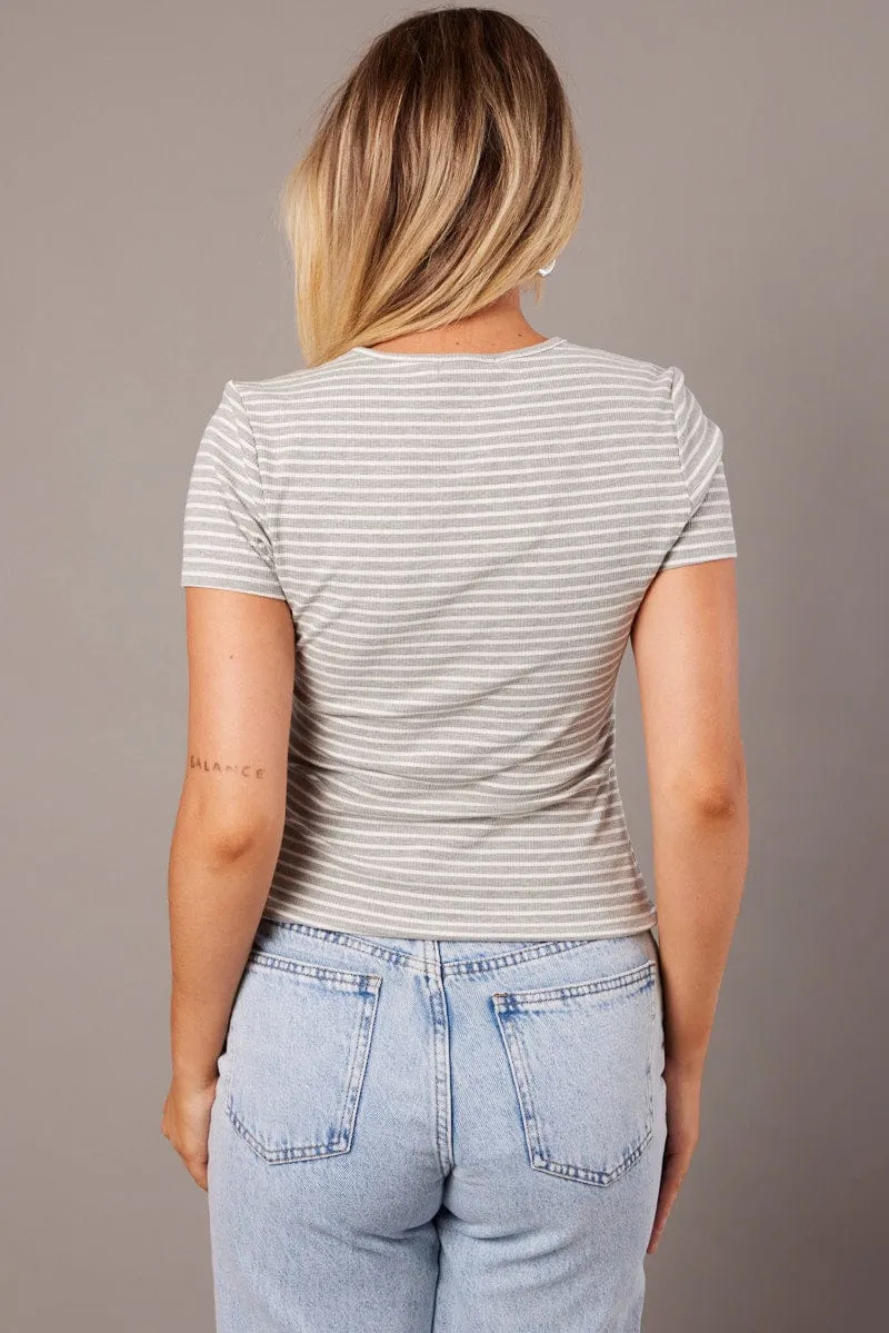 Car Cool Adjustable Waistband Grey Stripe Longline T Shirt Short Sleeve Crew Neck Rib Jersey