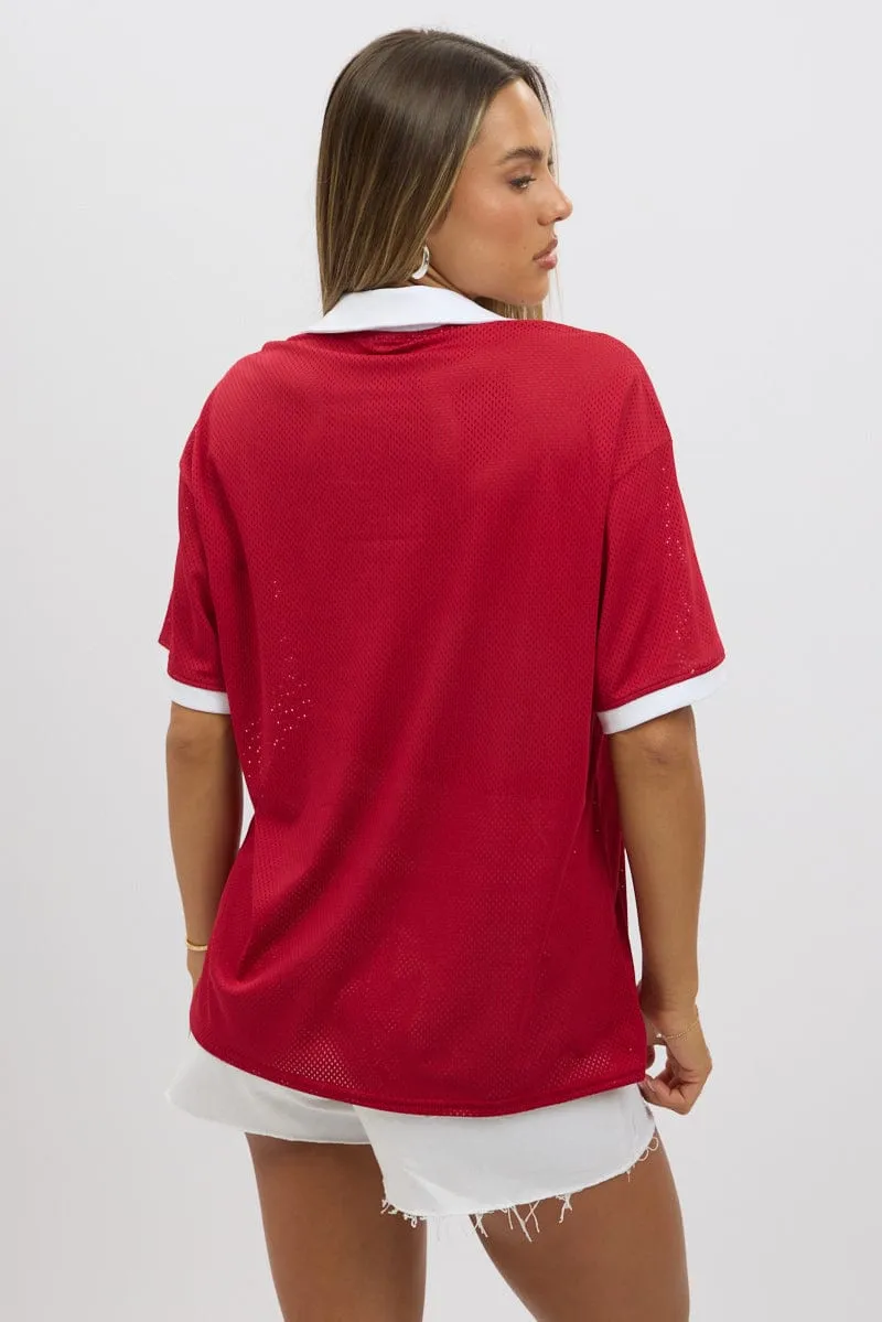 DropShoulderDesign Red Sport Tee Collar Short Sleeve