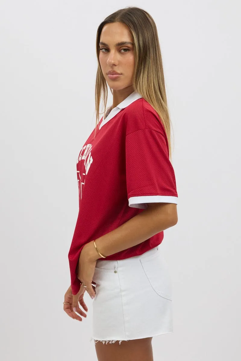 Red Sport Tee Collar Short Sleeve Non Fading Material