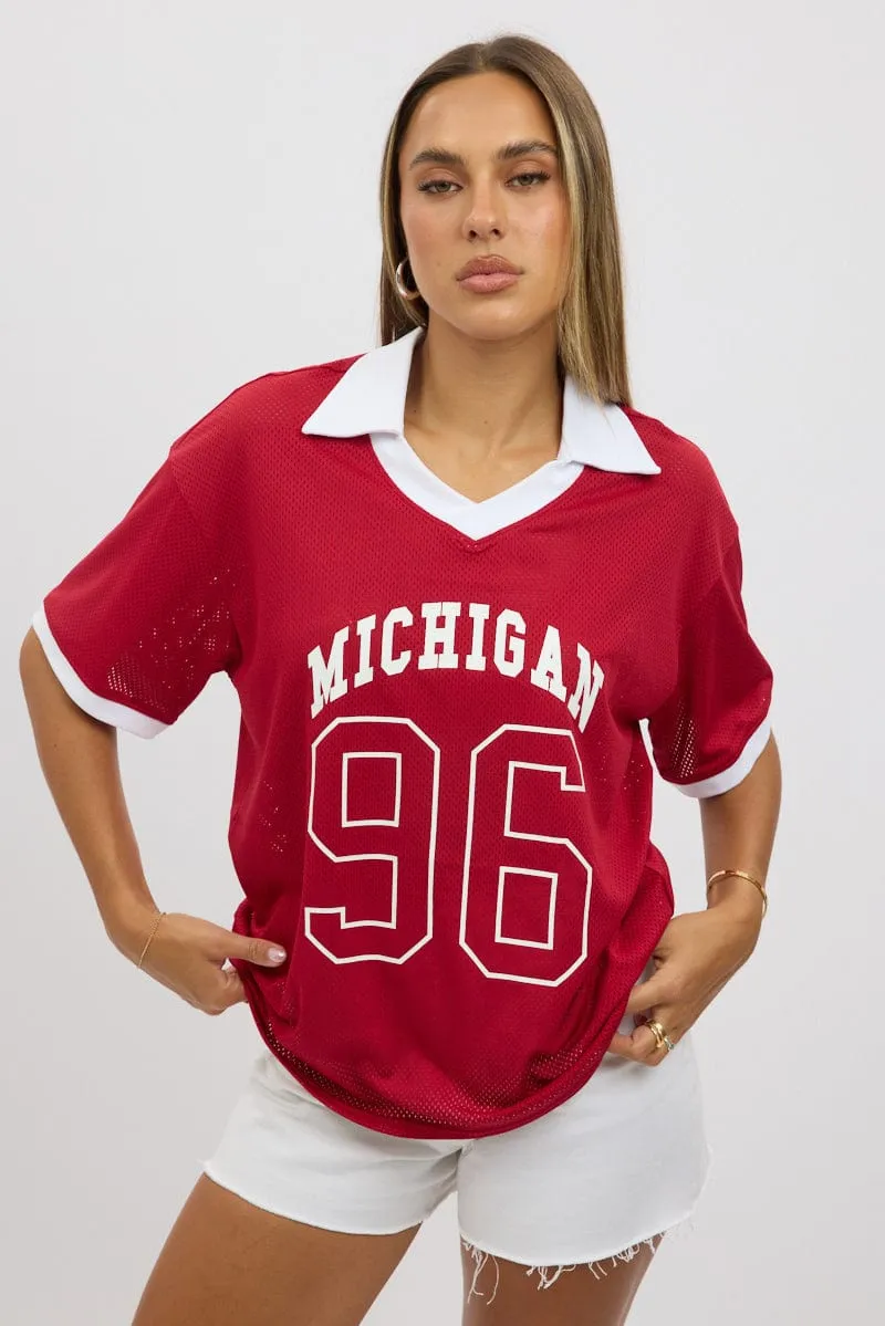 Non Restrictive Silhouette Essential Fashion Red Sport Tee Collar Short Sleeve