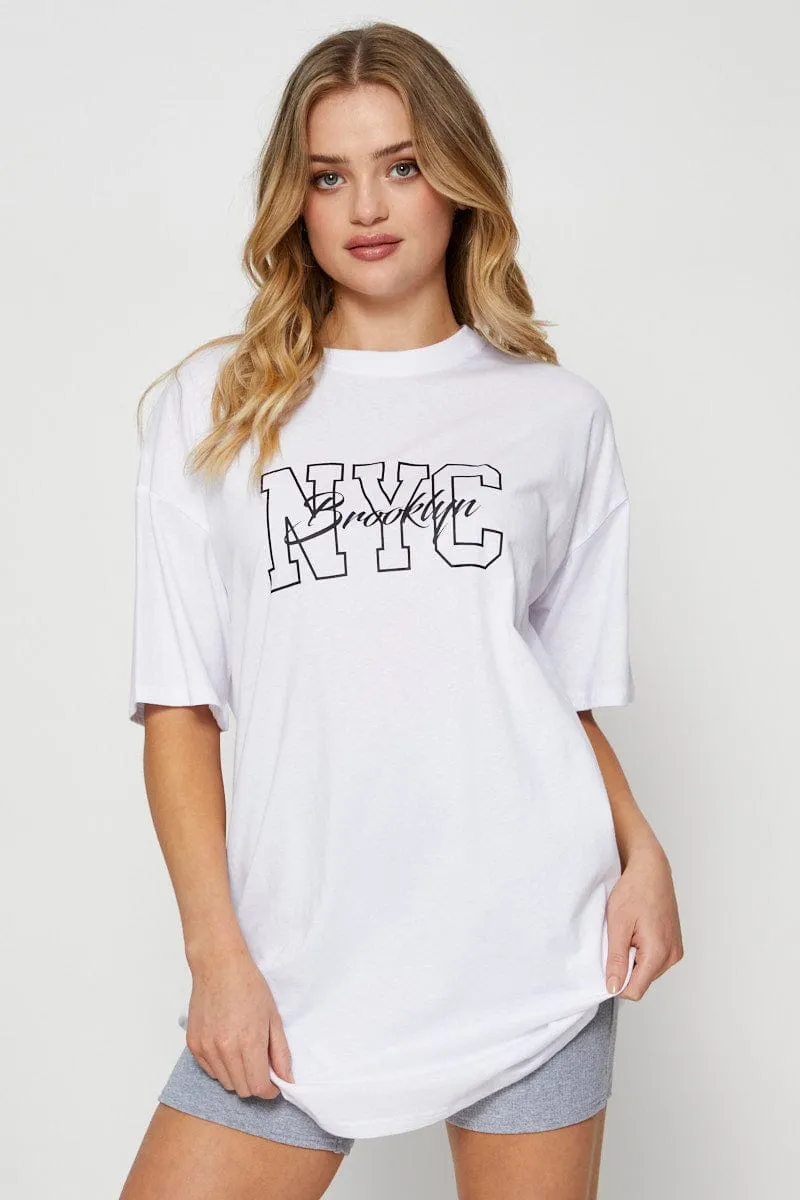 Garment Dyed Finish Street Style White Graphic T Shirt Short Sleeve