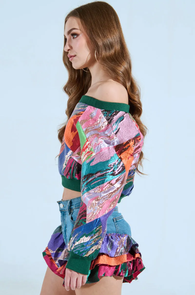 Warm Hues LIFE IS BUT A DREAM OFF THE SHOULDER MULTI PRINT SWEATSHIRT