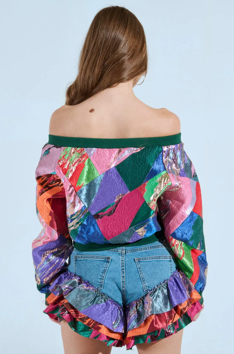 LIFE IS BUT A DREAM OFF THE SHOULDER MULTI PRINT SWEATSHIRT suitable for holidays Soft Fabric
