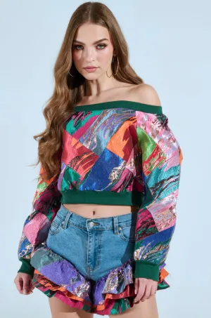 goes with jeans hypoallergenic LIFE IS BUT A DREAM OFF THE SHOULDER MULTI PRINT SWEATSHIRT