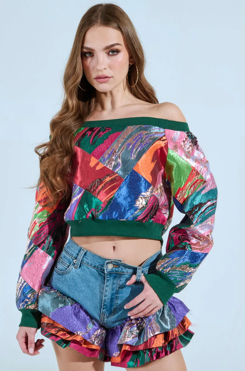 LIFE IS BUT A DREAM OFF THE SHOULDER MULTI PRINT SWEATSHIRT product eyewear protection
