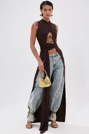 scarf accents OVER THE TOP CUTOUT SWEATER IN CHOCOLATE BROWN