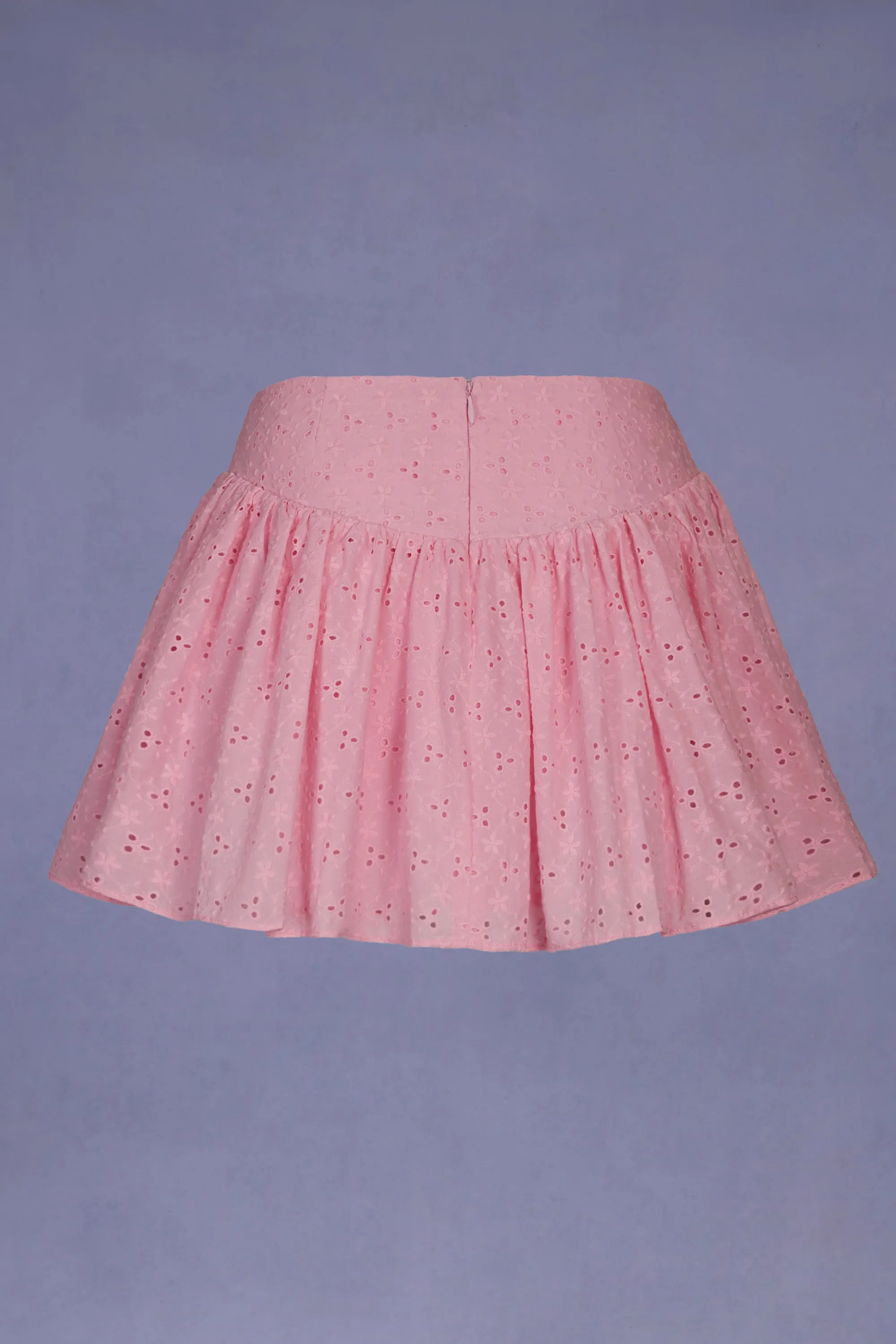 Side Pockets Bow-Detail Broderie Anglaise Mini Skirt in Soft Pink