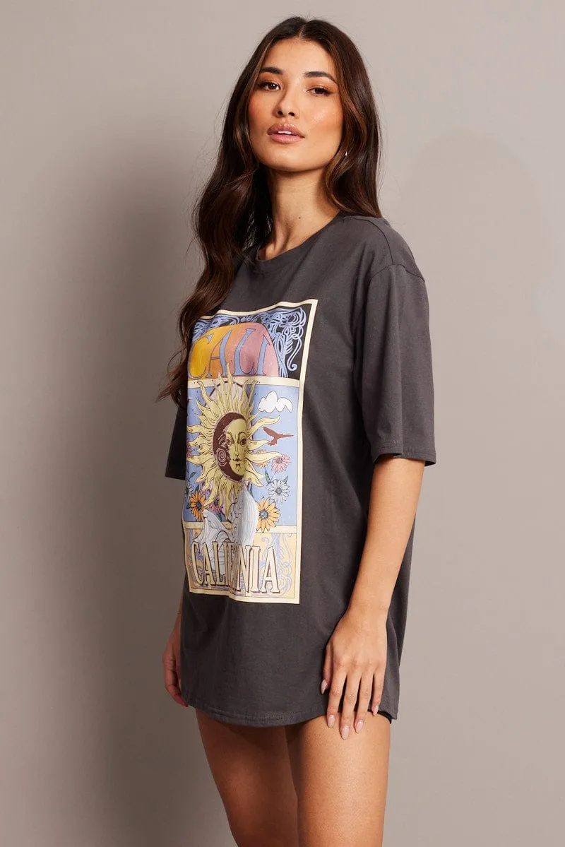 Grey Graphic Tee Short Sleeve SoftTouchFinish Simple and Chic