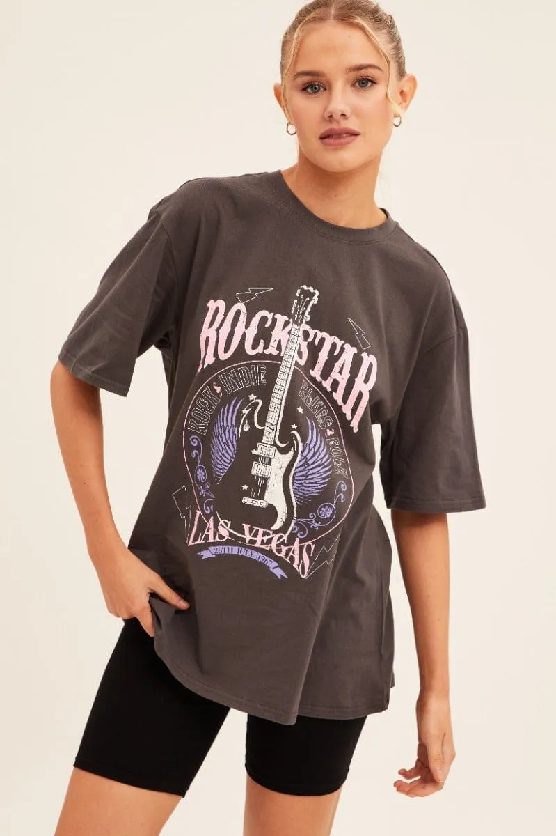 Trendy Vibes Grey T-Shirt Short Sleeve Crew Neck