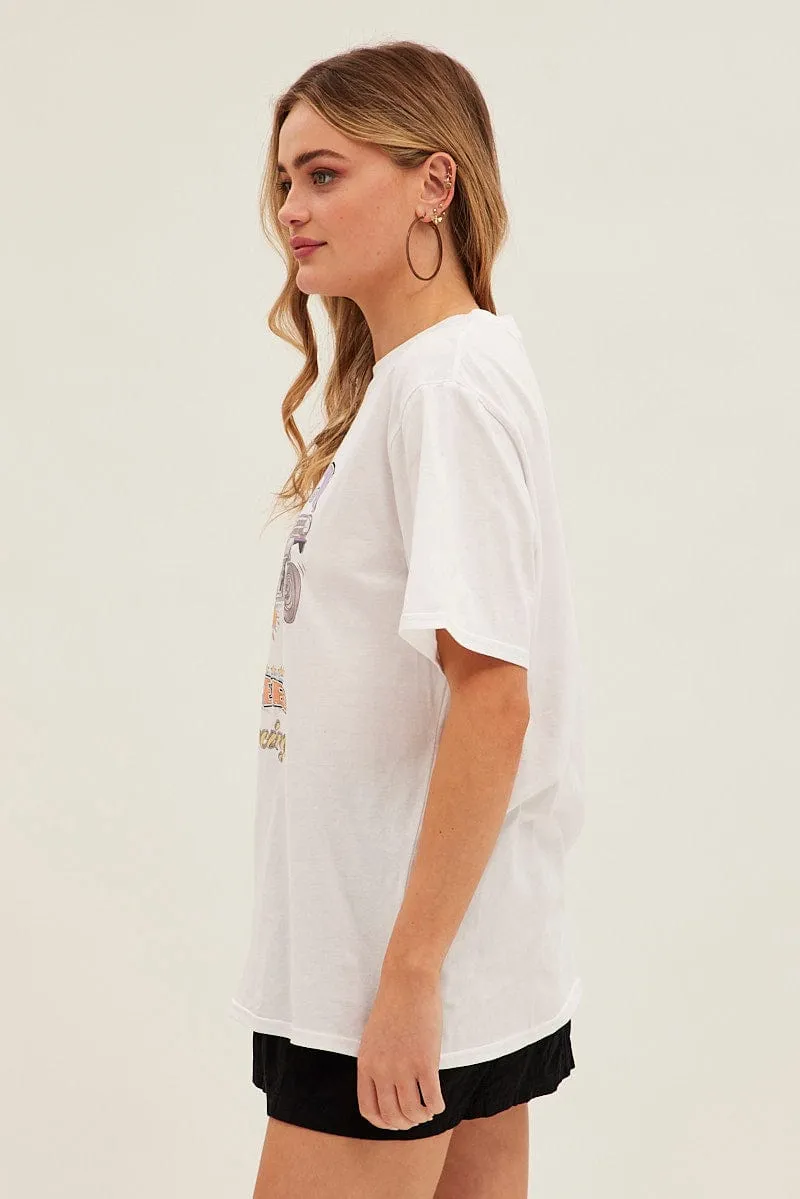 White Graphic Tee Short Sleeve Round Neck Vintage Car Durable Color Retention