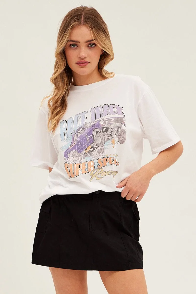 Chill Comfort Look Flattering Fit White Graphic Tee Short Sleeve Round Neck Vintage Car