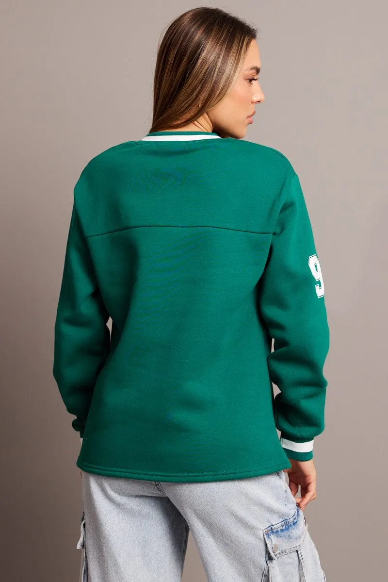 Green Graphic Tee Long Sleeve Wrinkle Resistant Material Flexible Neckline