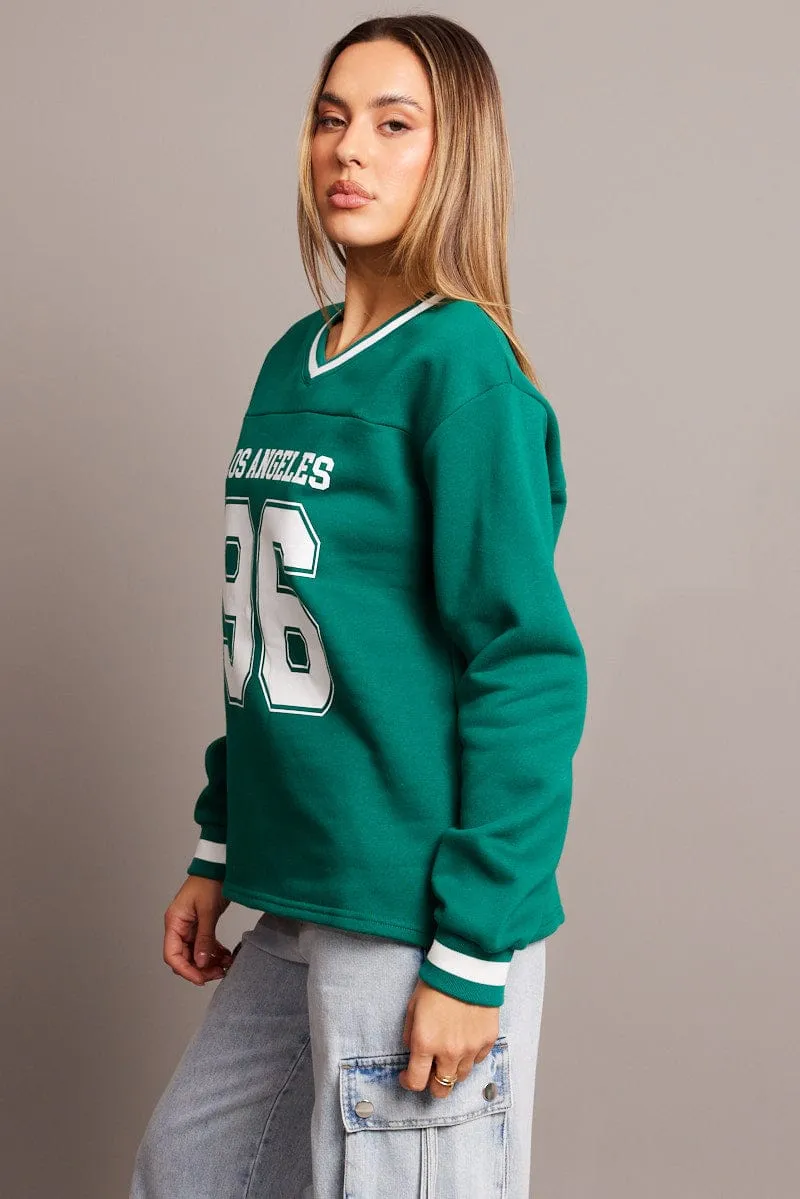 Green Graphic Tee Long Sleeve Perfect Fit Wear Low Profile Collar