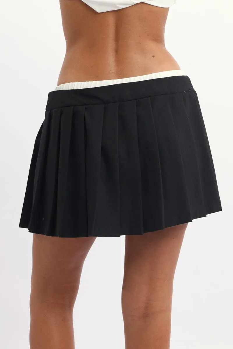Cozy Vibe Suede Feel Black Pleated Skirt High Waisted Contrast Waistband