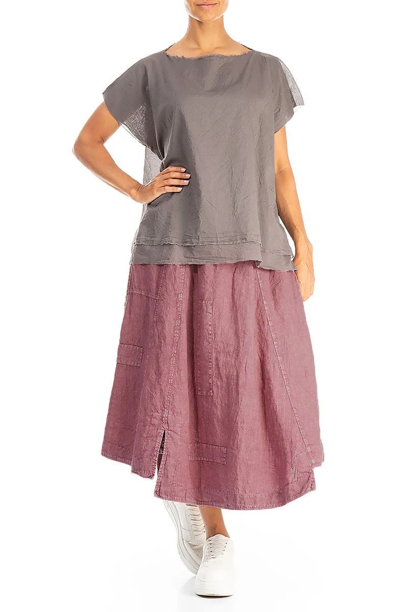 Flared Off-Dye Mauve Taupe Linen Skirt Smooth Cut Cool Tone