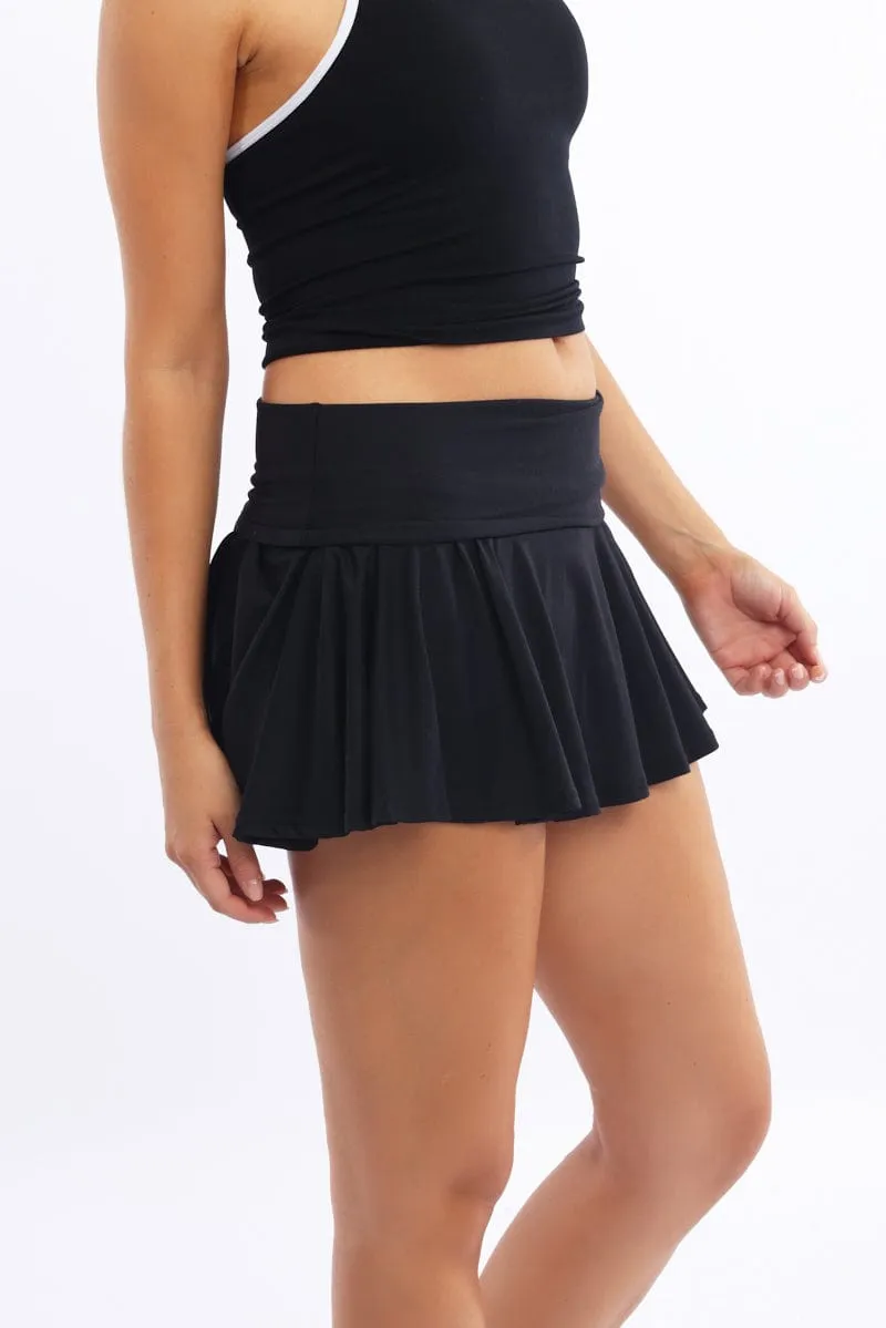Black Mini Skort Skirt Fold Down Waist Supersoft Linen Cotton Mix Non Restrictive