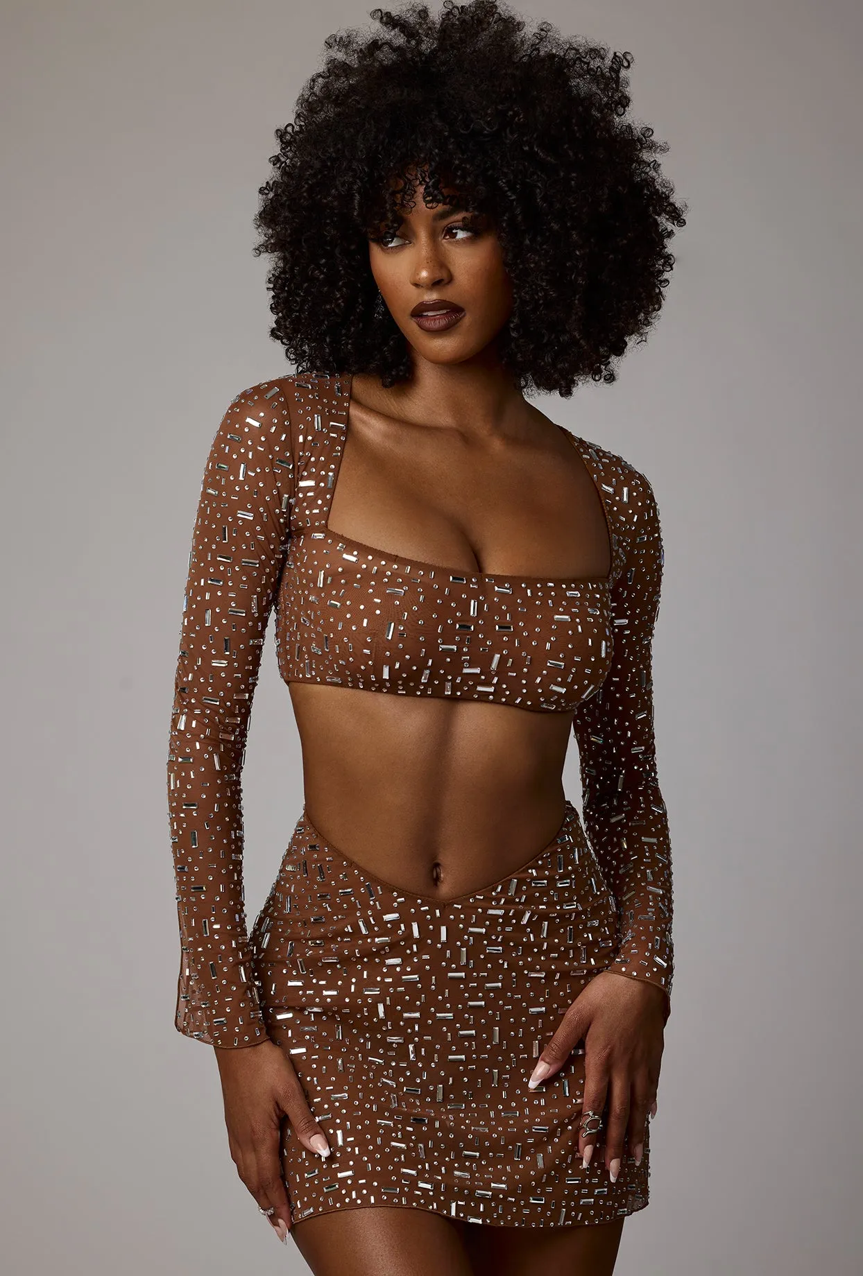 Sheer Embellished V Waist Mini Skirt in Mocha Chill Wear Easy Care