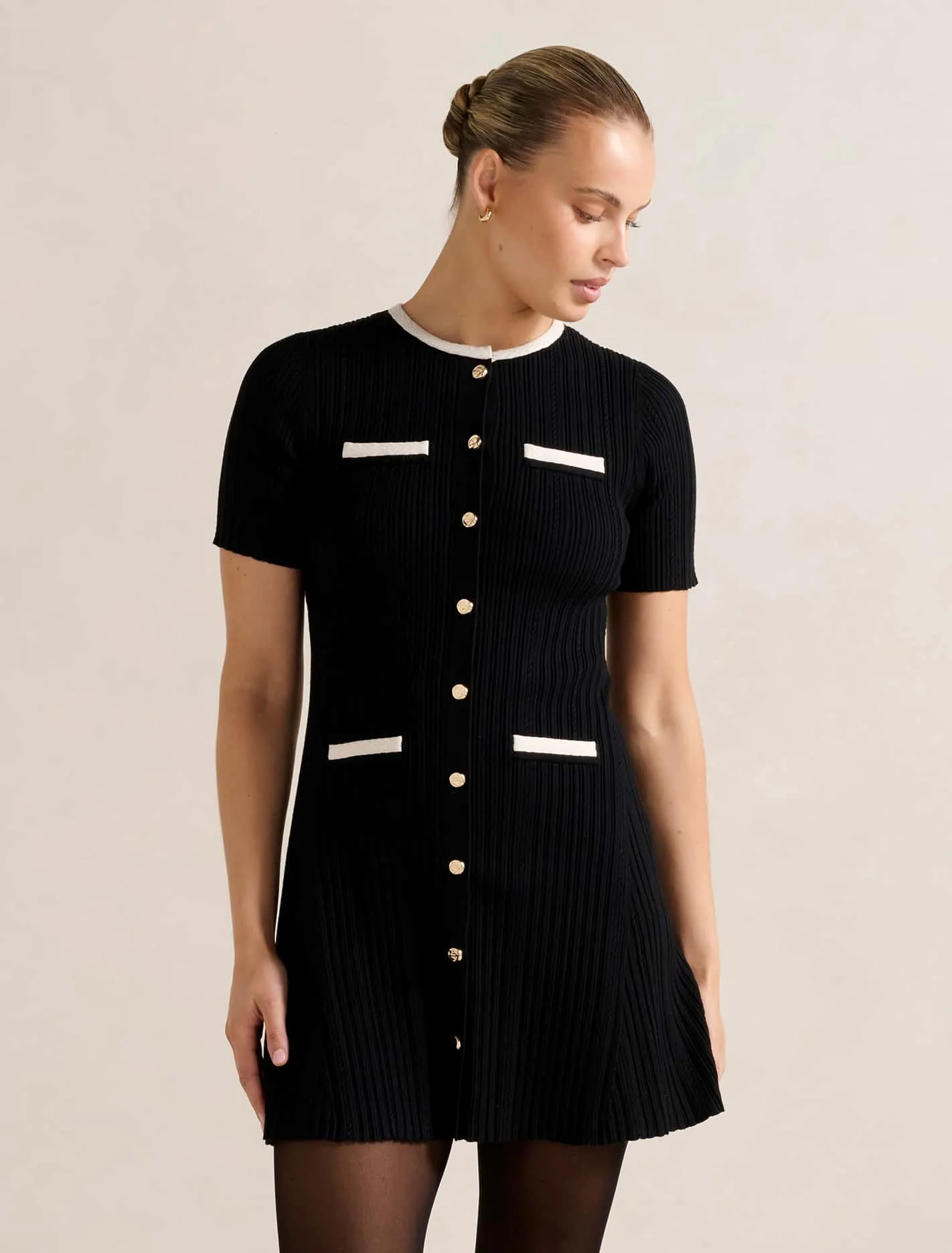 Brielle Short Sleeve Knit Mini Dress Layered Neckline