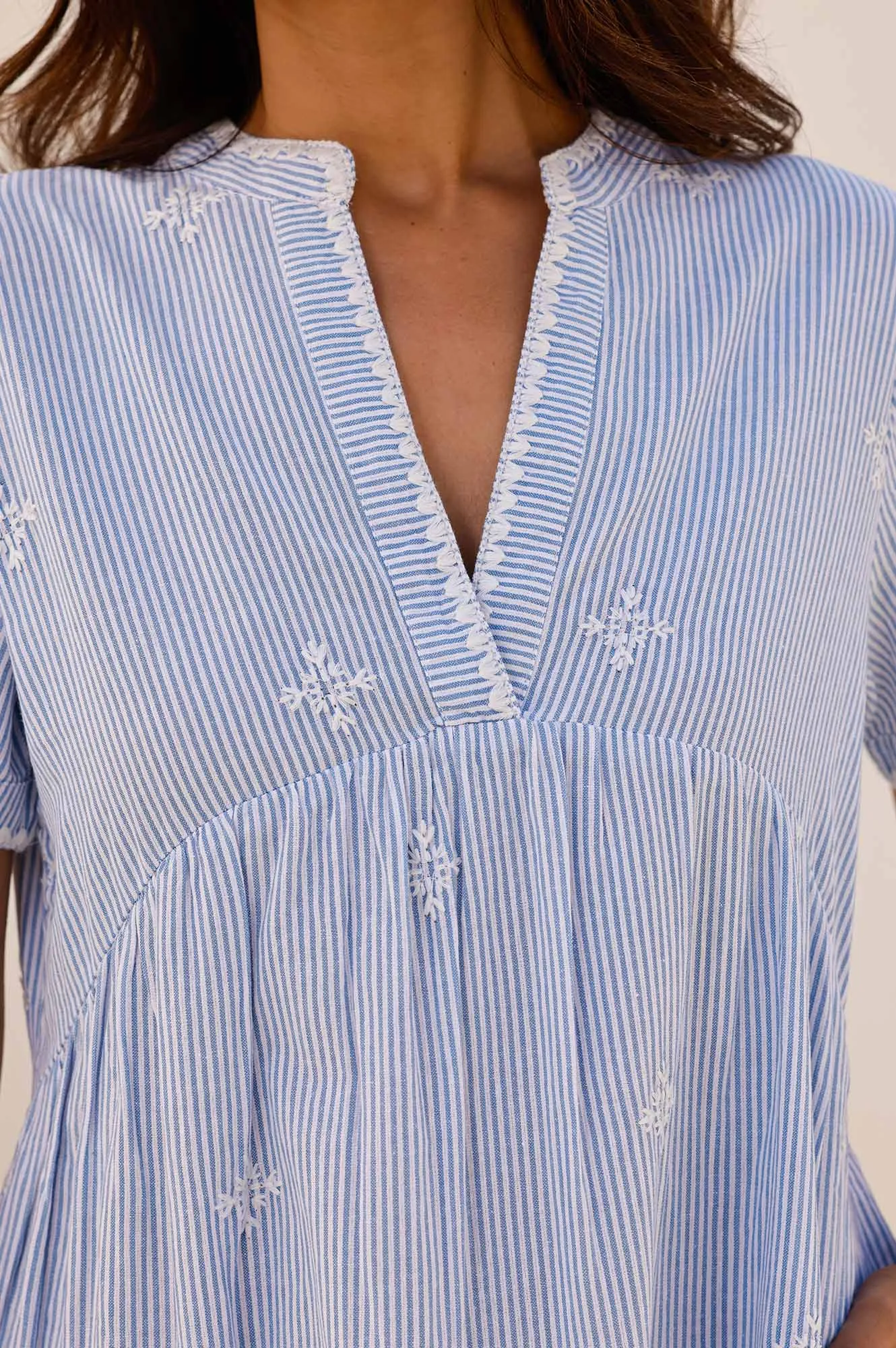 Bright-colored mini fun mini India Embroidered Organic Cotton Dress | Stripe Blue/White