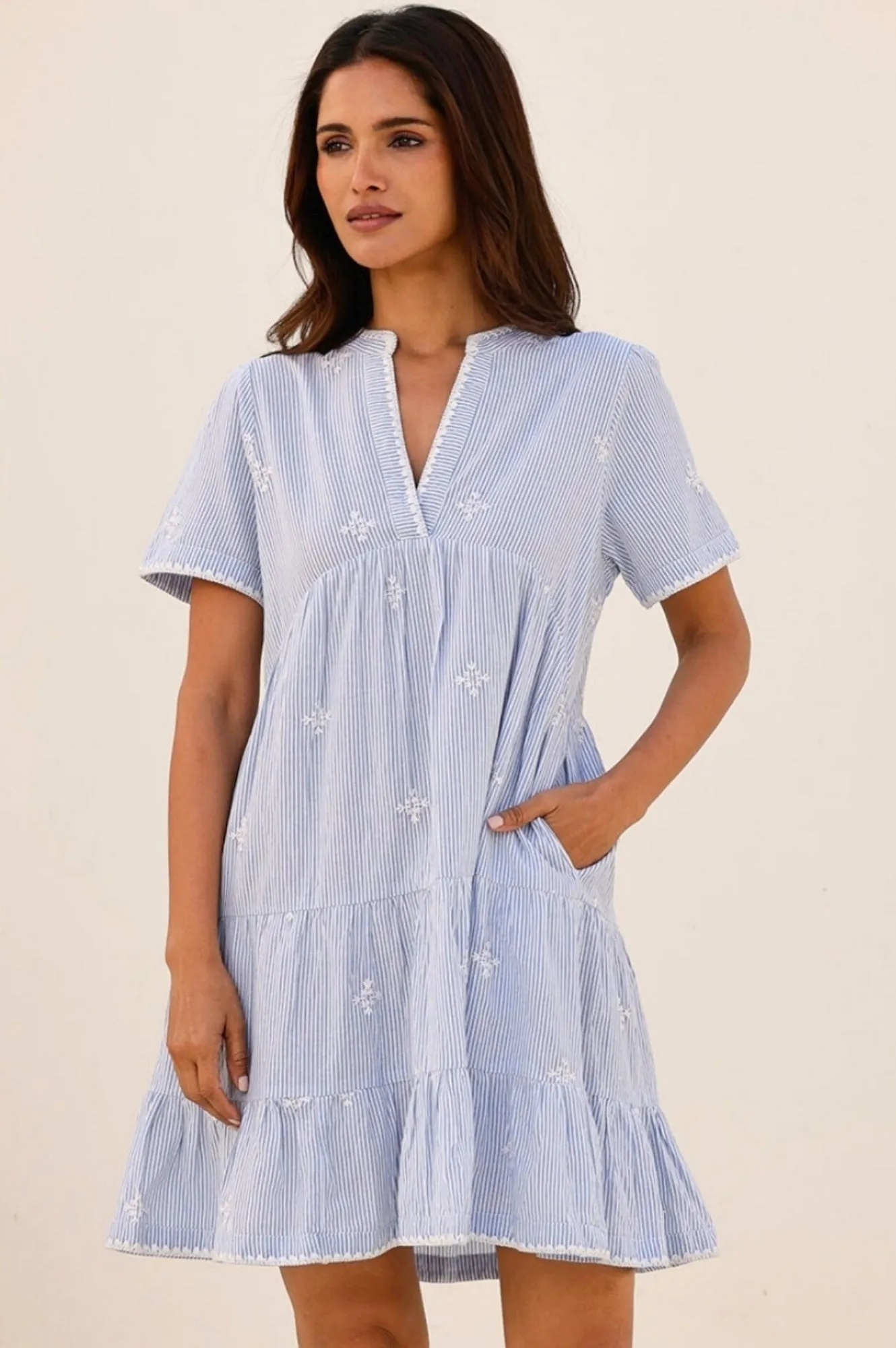 India Embroidered Organic Cotton Dress | Stripe Blue/White Chafe Guard