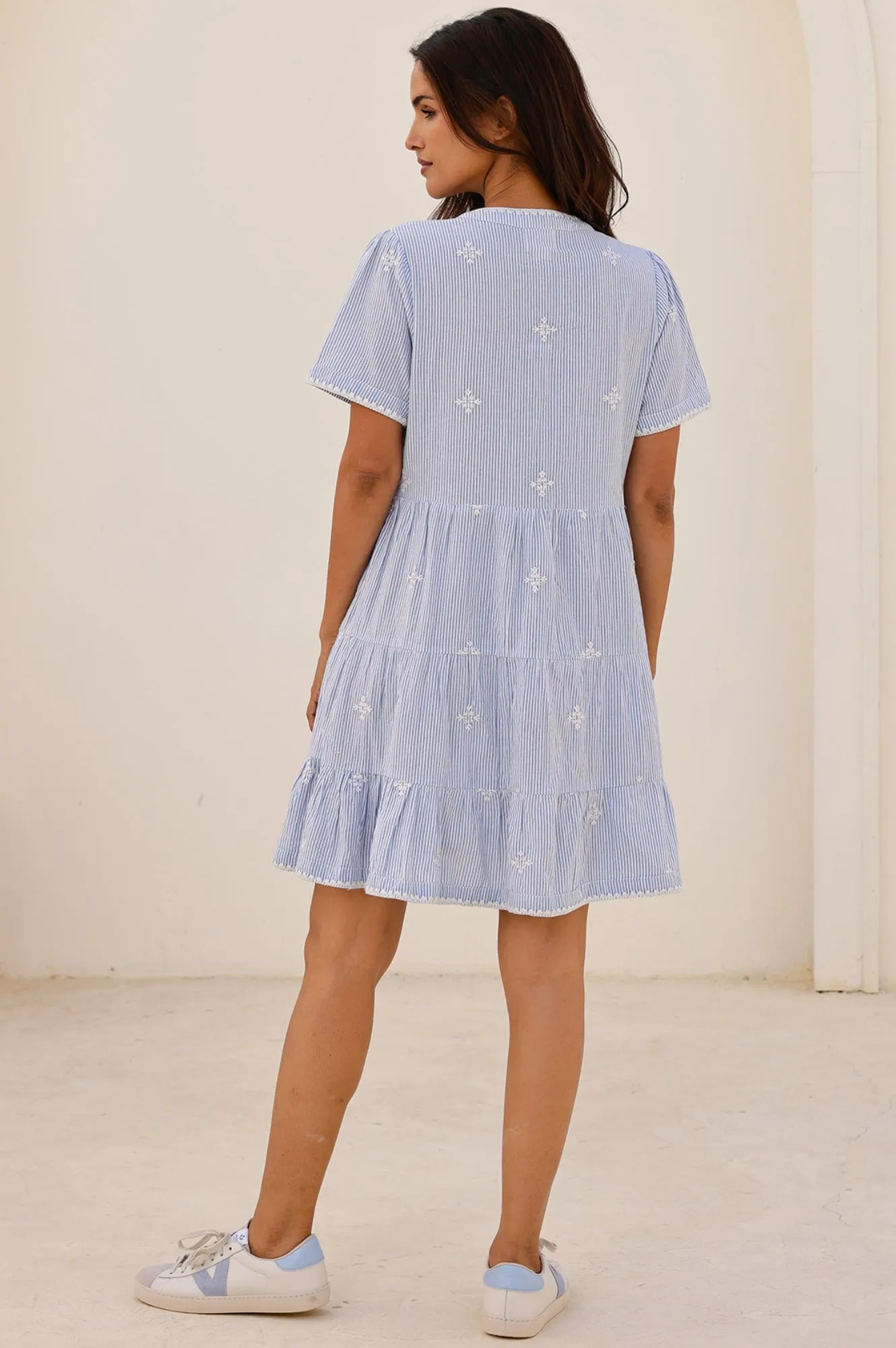 India Embroidered Organic Cotton Dress | Stripe Blue/White Club Star Daring Mode