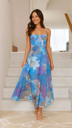 Sapphire Glow dreamy vibe Rahima Maxi Dress - Blue Floral