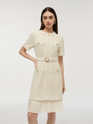 Modest Coverage Cut Wool Blend Tweed Women Mini Dress With Belt