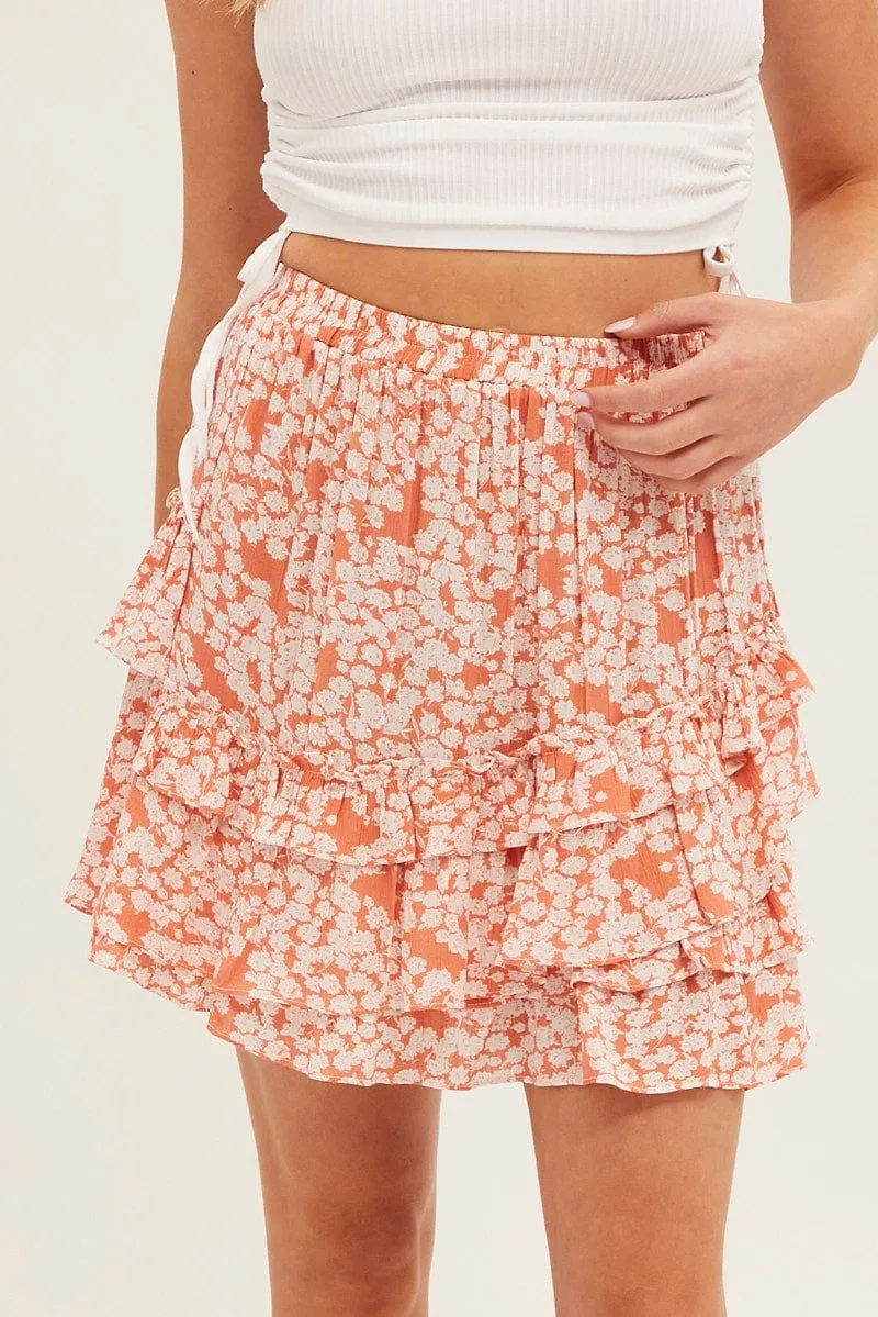 Floral Print Skater Skirt Asymmetrical Frill Floral Split hem Budget Friendly