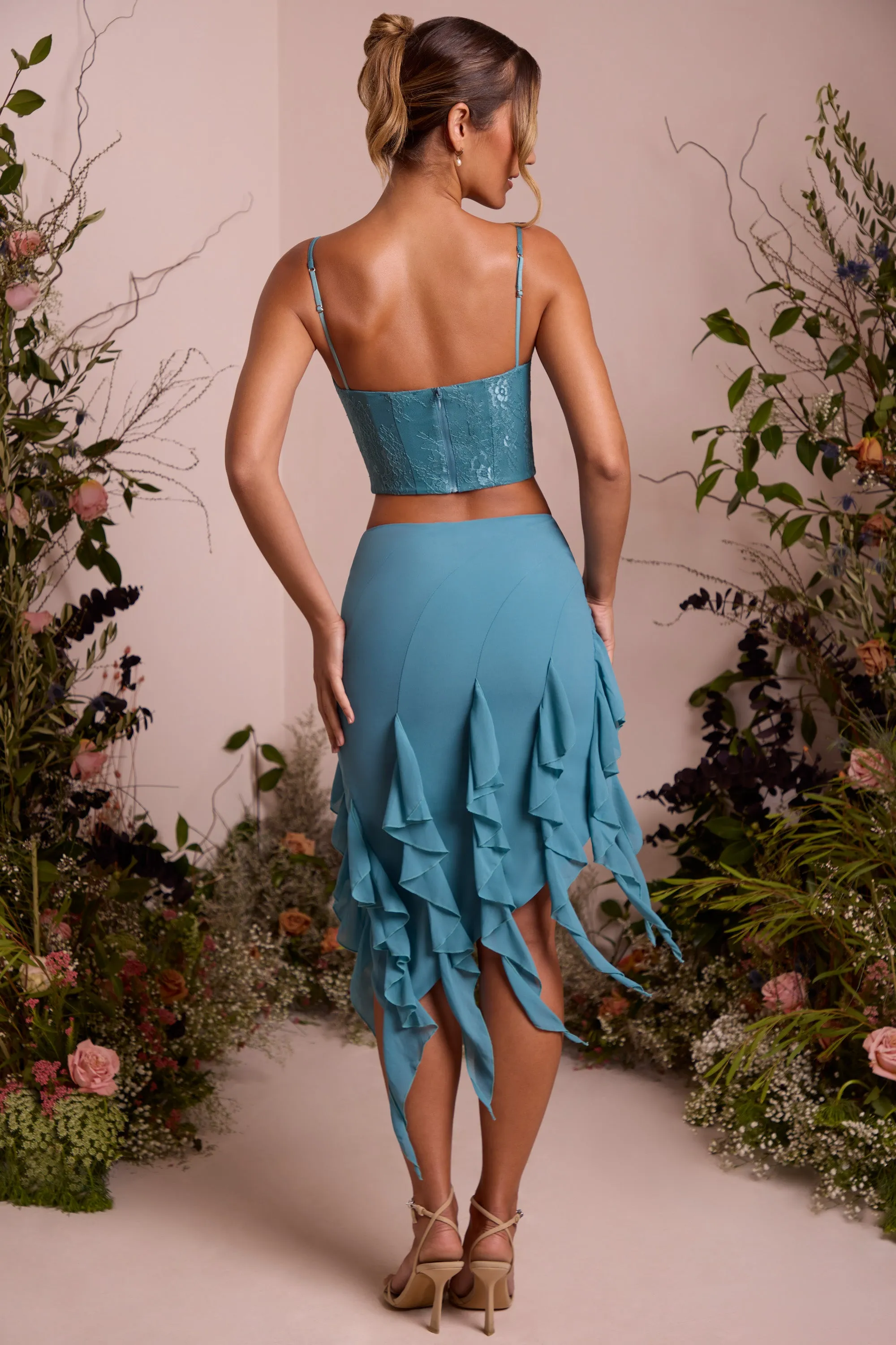 Waterfall Frill Midaxi Skirt in Teal Light Fabric Contoured Waist