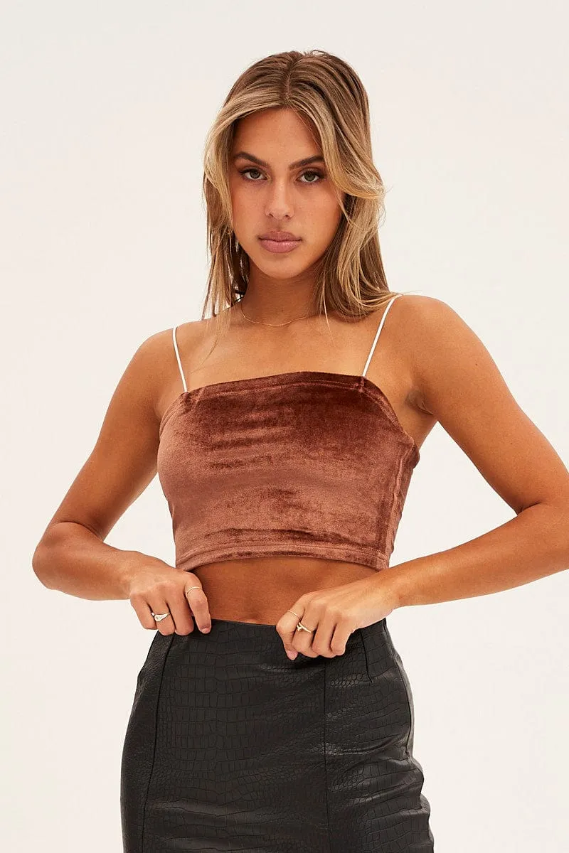 Brown Velour Singlet Lounge Crop Top Trendy Cut Desk Style