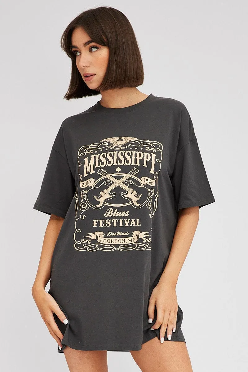 Wind Glow Move Fast Black Graphic T Dress Short Sleeve