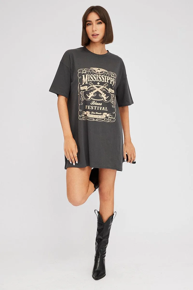 Sporty Look Black Graphic T Dress Short Sleeve