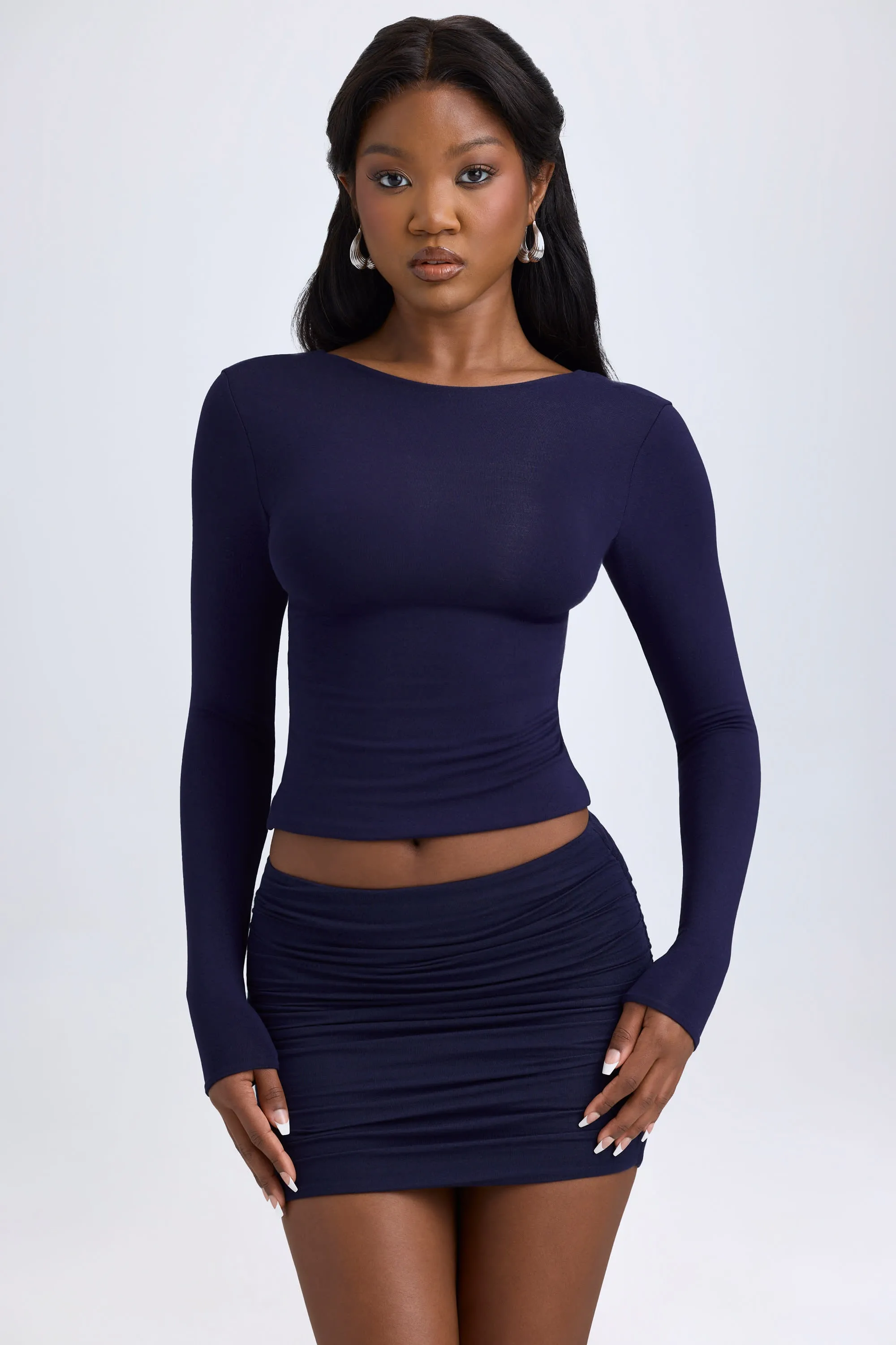 Modal Ruched Mid-Rise Mini Skirt in True Navy Light Mood Anti Pilling Fabric