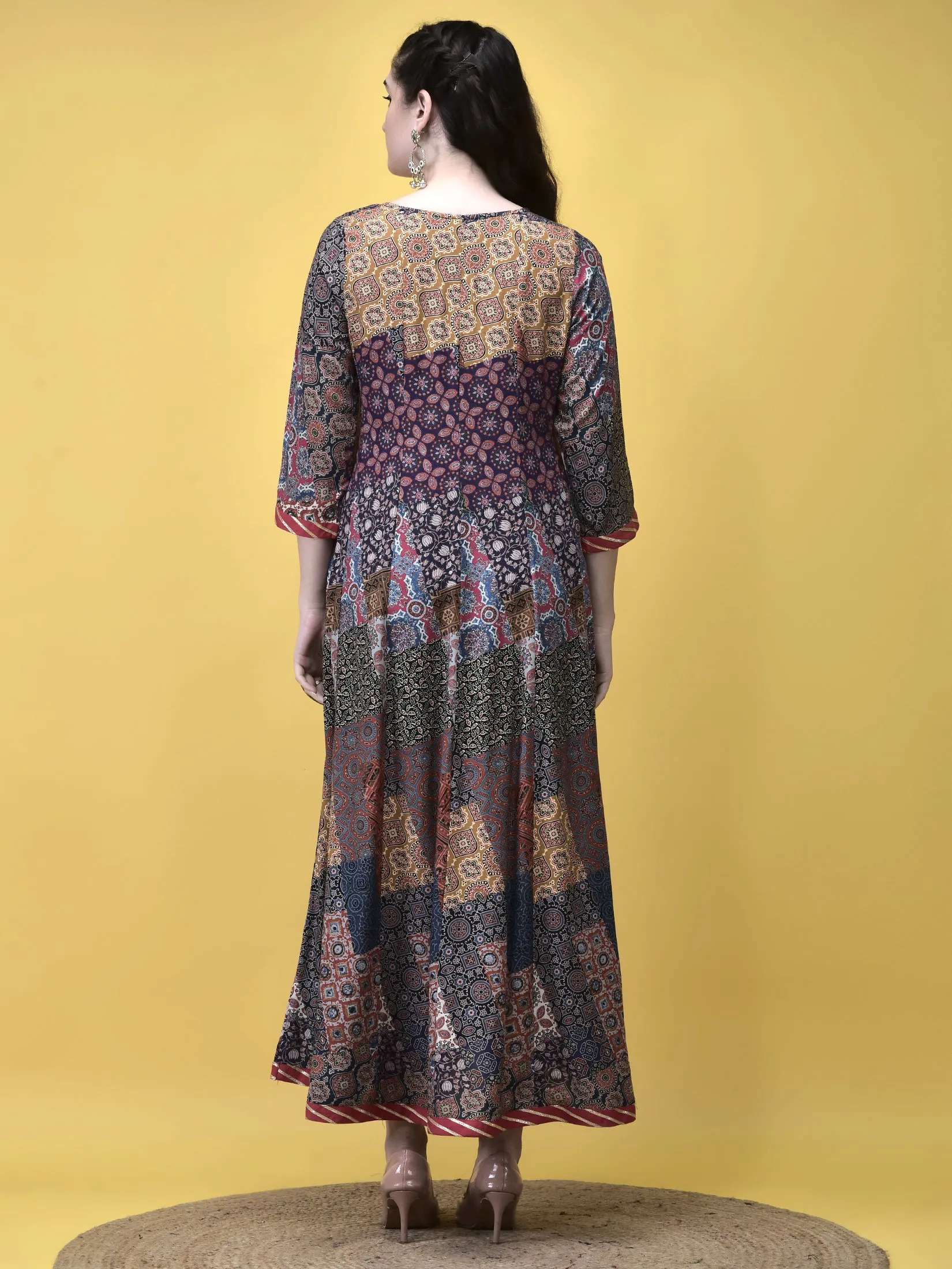 Sophisticated Style Women Liva Multicolor Ajrakh Print Dress