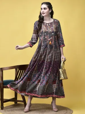Work Ready Women Liva Multicolor Ajrakh Print Dress