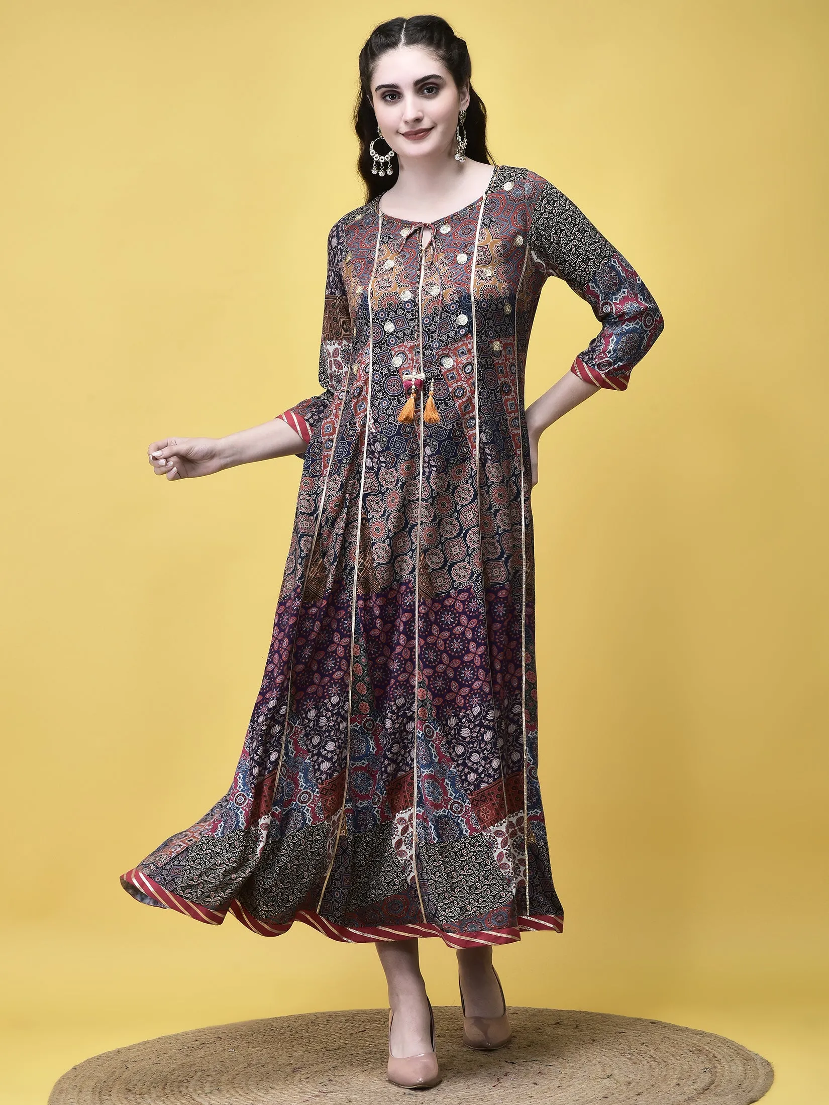 Women Liva Multicolor Ajrakh Print Dress Chic Fit Utility Mode